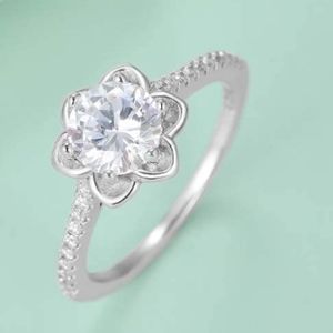 14K White Gold Plated Sterling Silver Lotus Flower Ring Cubic Zirconia